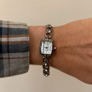 Y2K Silver Rhinestone Link Quartz Watch Dainty Vintage Unisex 8.5" New
